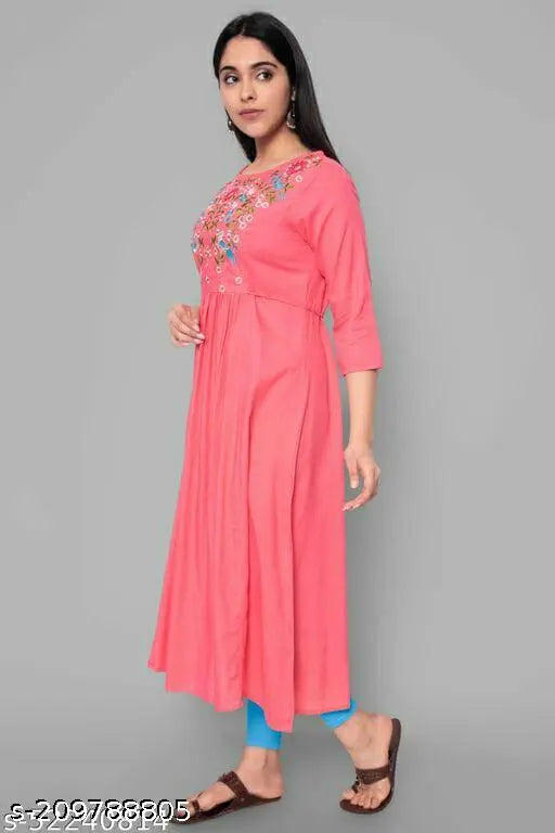 Pink rayon A-line kurta with embroidered pattern, three-quarter sleeves for women
