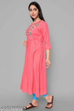 Pink rayon A-line kurta with embroidered pattern, three-quarter sleeves for women