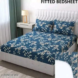 White floral fitted elastic superfien cotton bedsheet with 2 pillow covers, 290 thread count for summer, ideal for adult bedrooms