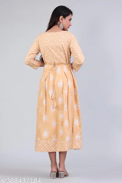 Cream rayon Saavi kurtis with single print, three-quarter sleeves for women's fashion, India origin