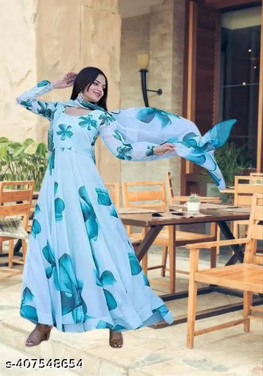 Light blue georgette anarkali kurta set with floral print and dupatta - Indian ethnic wear for women's casual and festive occasions