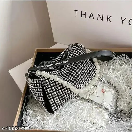 Rhinestone fabric evening clutch bag, pearl handle design, perfect for parties or weddings