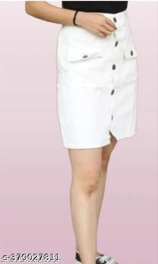 White denim mini skirt, solid pattern, women's size 26, 28, or 30 on mannequin