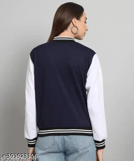 Colorblocked fleece women's trending bomber jacket, long sleeves, India-made, size M (bust 38 in, length 22 in)