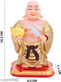 Golden plastic Laughing Buddha with waving fan, moving head for wealth and prosperity, 10cm tall