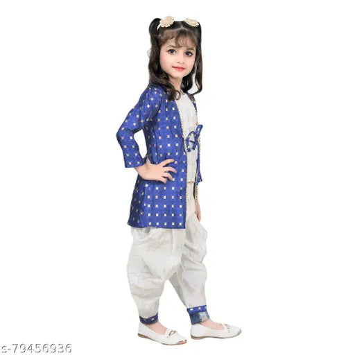 White checked cotton blend kurta salwar for girls party/festive wear, Hariyal Creation anarkali style with palazzos bottoms. Kids size: 3-4 years (19in top length, 21in bottom length). Made in India