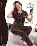 Collar rib cotton night suit set with printed net pattern, ideal for cozy sleepwear