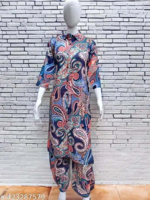 Rayon rayon print net kurta set for women, long sleeves with palazzos on display