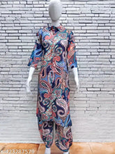 Rayon rayon print net kurta set for women, long sleeves with palazzos on display