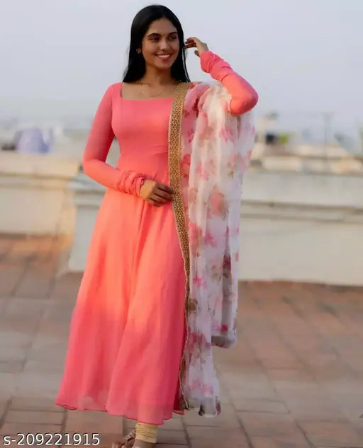 Women's solid Georgette gown with duppatta, full ghera anarkali style, long sleeves, new arrival from Brand Concept