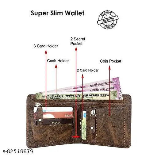 Trendy PU leather wallet, two zip compartments for currency and coins, five card slots, black faux leather with stitching detail, matte finish, modern men's wallet