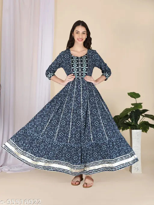 Embroidered Kalamkari print Anarkali Kurta with Gotta lace, rayon material, three-quarter sleeves. Indian women's fashion wear for any occasion. Soft, lightweight, and comfortable