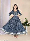 Embroidered Kalamkari print Anarkali Kurta with Gotta lace, rayon material, three-quarter sleeves. Indian women's fashion wear for any occasion. Soft, lightweight, and comfortable