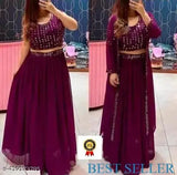 Purple Georgette Indo Western Choli Skirt, sleeveless, embroidered for women's wedding party wear, festival, Bollywood-inspired fashion