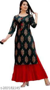 Rayon printed kurti & sharara set, three-quarter sleeves, Indian mirror work design, rayon slub fabric - Pack of 2