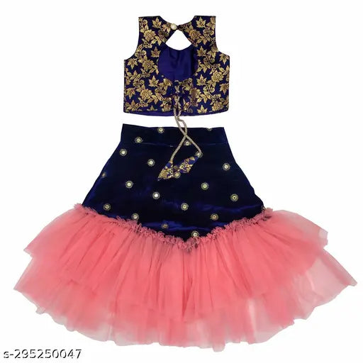 Stylish elegant lace net lehenga choli for kids, printed and embroidered with 1 available in sizes 2-3, 3-4, 6-7, 7-8 years