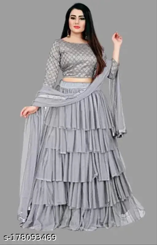 Embroidered satin lehenga-choli with net dupatta for traditional festive wear, semi-stitched in silk satin