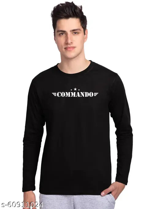 Organic Chics printed black men's long sleeve T-shirt with commando design, cotton fabric for gym style and comfort