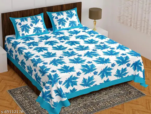 Jaipuri cotton double bedsheet combo pack, botanical print, 4 pillow covers, ideal for summer adult use, India-made