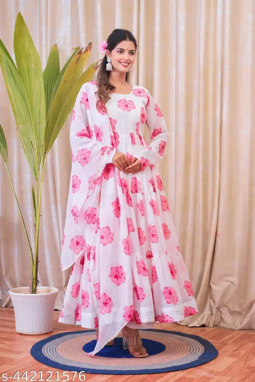 Vibrant floral digital print Anarkali gown in mix colors, 9-meter flair, ready-to-wear Georgette material