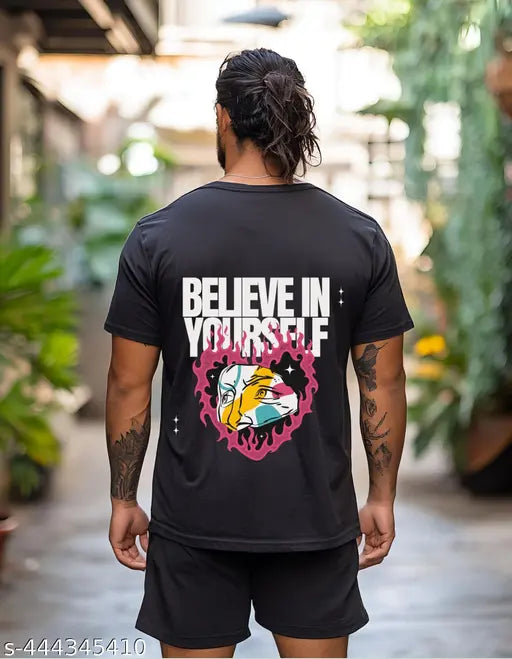 White cotton regular fit, half sleeve black t-shirt (printed design), ideal for men's casual wear