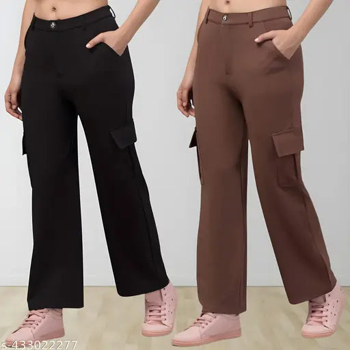 High-waisted cotton lycra blend cargo pants, pack of 2 in black and brown for women - versatile, functional, and stylish