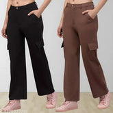 High-waisted cotton lycra blend cargo pants, pack of 2 in black and brown for women - versatile, functional, and stylish