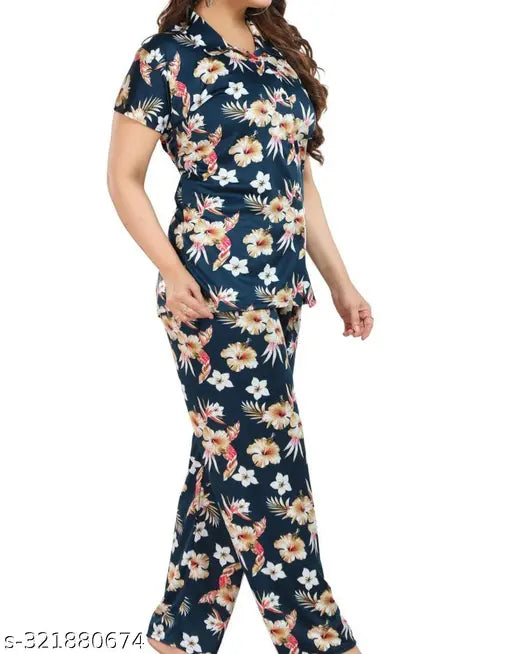 Navyblue DSIYA-LYCRA women's coord set pyjama night suit - printed satin fabric with short sleeves on display