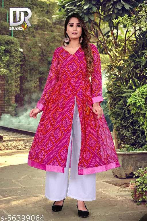 Georgette print kurta with rayon palazzos, three-quarter sleeves, fancy latkan up