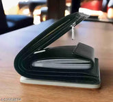 Black PU Card Album Wallet with 8 card slots, colorblock pattern, durable high-quality stitching, additional sleeves for photos and cards, compact size, lightweight, perfect gift for men, made in India