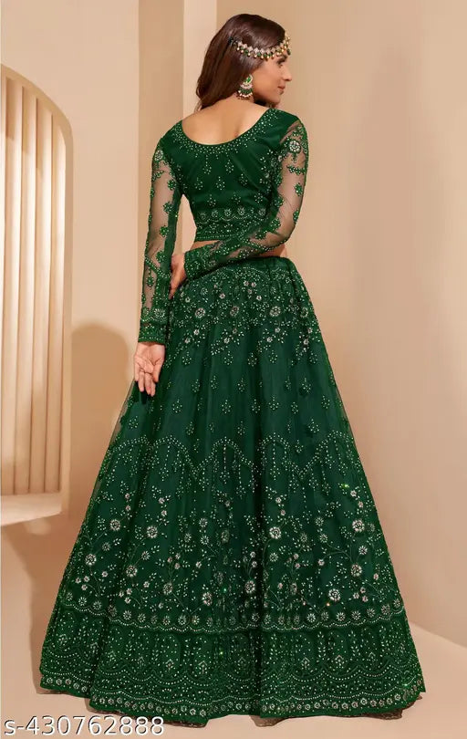 Embroidered net lehenga-choli set with dupatta, fashionable Veedhrumi Indian bridal wear" (86 characters)