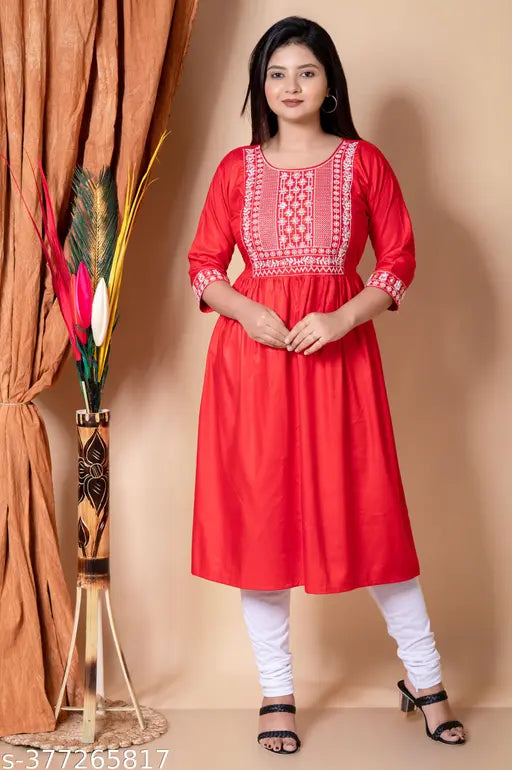 Rayon embroidered ethnic kurta for women, three-quarter sleeves fashionable Indian wear