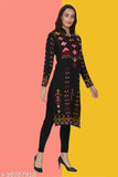 Black woolen A-line printed kurta for women's casual wear, long sleeves, winter season