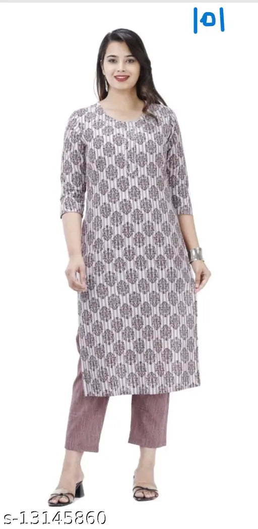 Stylish cotton kurta and printed net pants set, three-quarter sleeve length for women, single size available