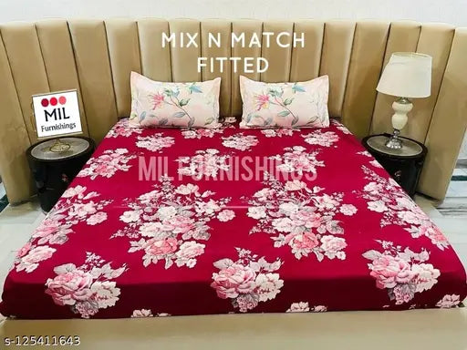 Cotton premium king size elastic fitted bedsheet, 360-degree fits up to 12-inch mattress, floral print, includes 2 contrast pillows - ideal for summer adult use (India)