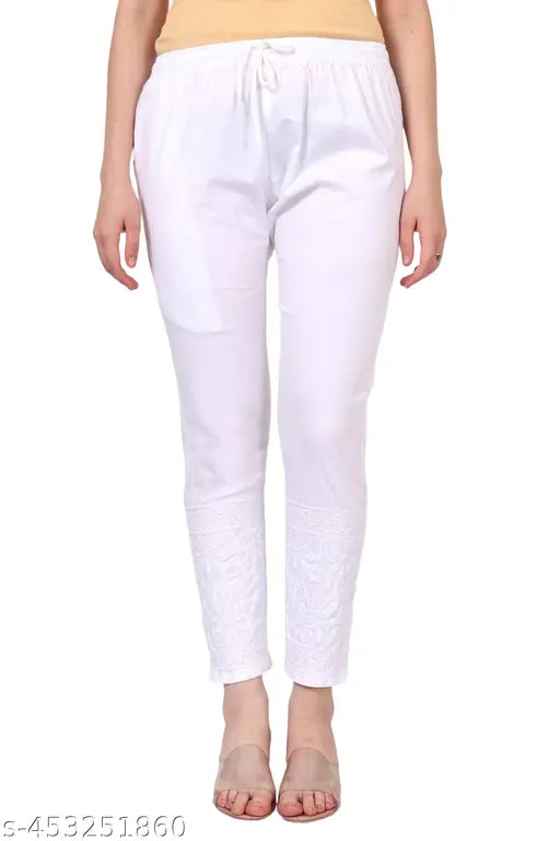 White embroidered cotton pant, Chikankari pattern, women's pants with elastic waistband and pocket