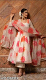 White Georgette Anarkali Gown Set with Dupatta and Pants, floral print on georgette fabric, perfect for summer party wear