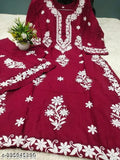 Embroidered rayon Chikankari kurta and palazzo set, three-quarter sleeves, Indian handcrafted traditional clothing on mannequin