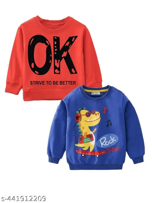 Kids pack of 2 cotton sweatshirts, long sleeve, printed net design, round neck, warm & durable loop knit