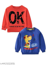 Kids pack of 2 cotton sweatshirts, long sleeve, printed net design, round neck, warm & durable loop knit