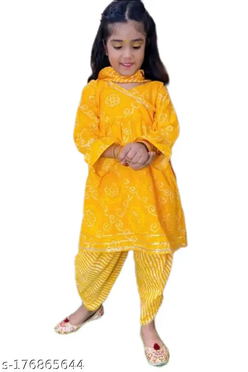 Cotton Bandhni dhoti peplum set with A-line kurta & printed dupatta for toddlers, Indian traditional clothing