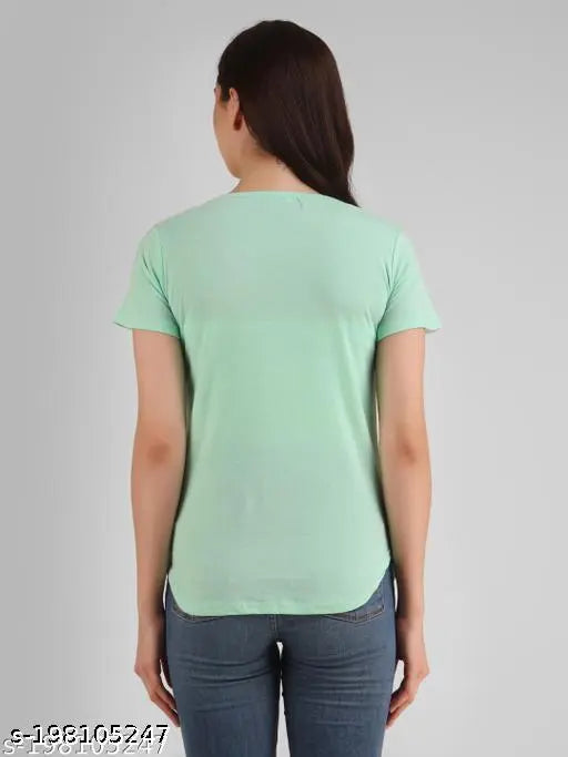 Green cotton blend printed round neck half sleeve t-shirt for women, trendy and casual style on display