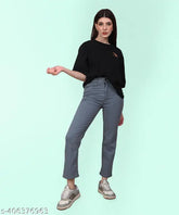 Stretchable premium denim grey joggers for girls plus size, 100% Indian manufacturer, mid-waist design