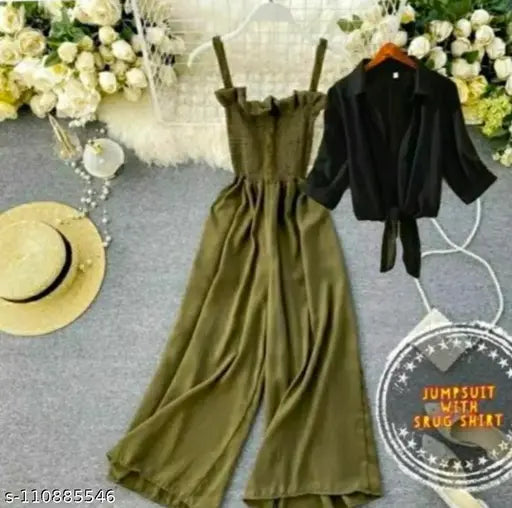 Stylish summer dresses set - Green jumpsuit with black shrug, comfortable and relaxed rayon print dresses for girls and women, suitable for birthdays and cocktail parties