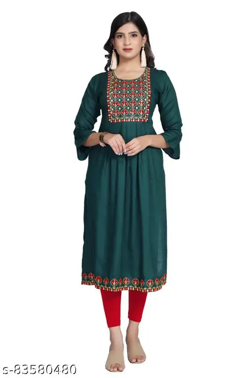 Embroidered Rayon Slub kurti by Naira Cut - Three-Quarter Sleeve, Indian fashion embroidery