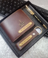 Faux leather brown wallet keychain set with zari pen, personalized gift for male friends & relatives, India-crafted accessory for everyday use