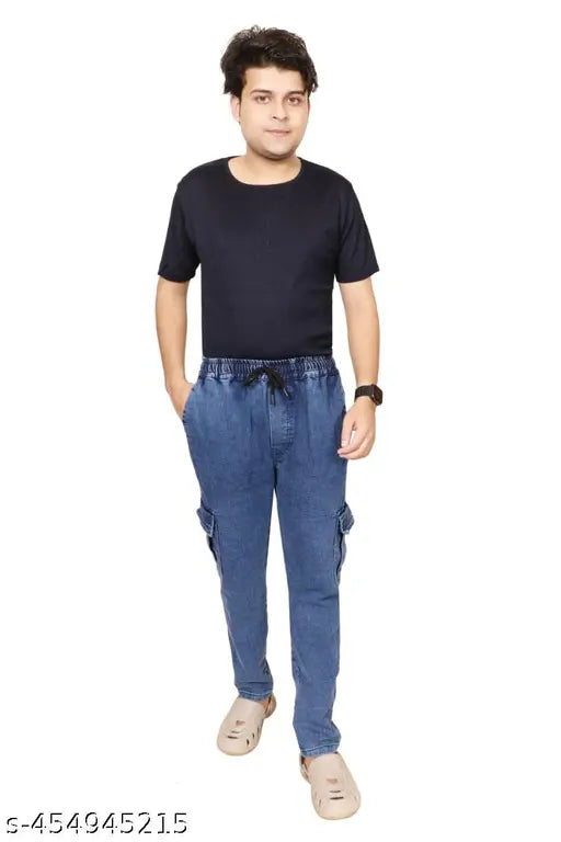 Solid denim men's cargo jeans, size 28/30 (waist 30in, length 38in, hip 34in), Indian-made