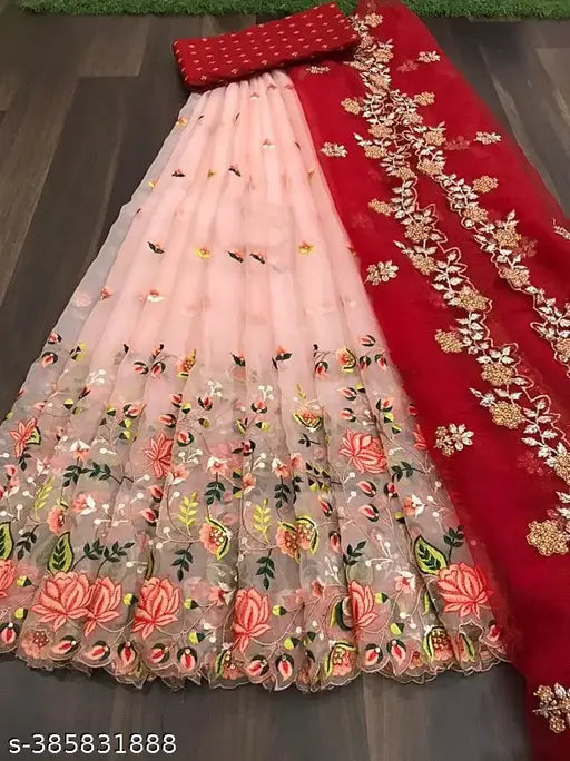 Embroidered net dupion semi-stitched Lehenga Choli, free size with flared silhouette, fashionable design, India origin