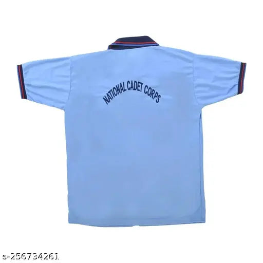 Blue cotton blend NCC Uniform T-shirt with short sleeves and solid design, features NCC logo embroidery