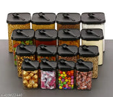 Plastic kitchen containers and jars, 16 pack with lids for storing spices, condiments, cereals, cookies, dry fruits, and fryums. Multiple sizes: 1400ml, 900ml, 650ml, 350ml. Indian-made